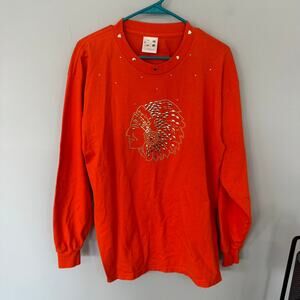 Vintage Lexington Orange Bejeweled Native American Long Sleeve Top Women Size XL